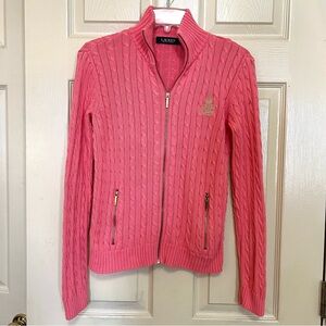 Y2K Ralph Lauren Coral Full-Zip Cable Knit Cardigan Sweater Embroidered Crest